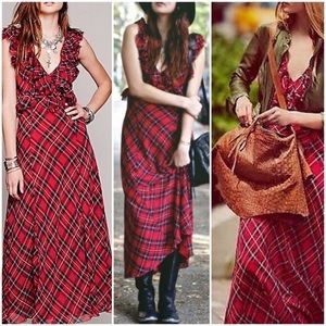 Free People Red Plaid Long floor length Maxi dress Ruffles Size 2 Rare 36" Chest
